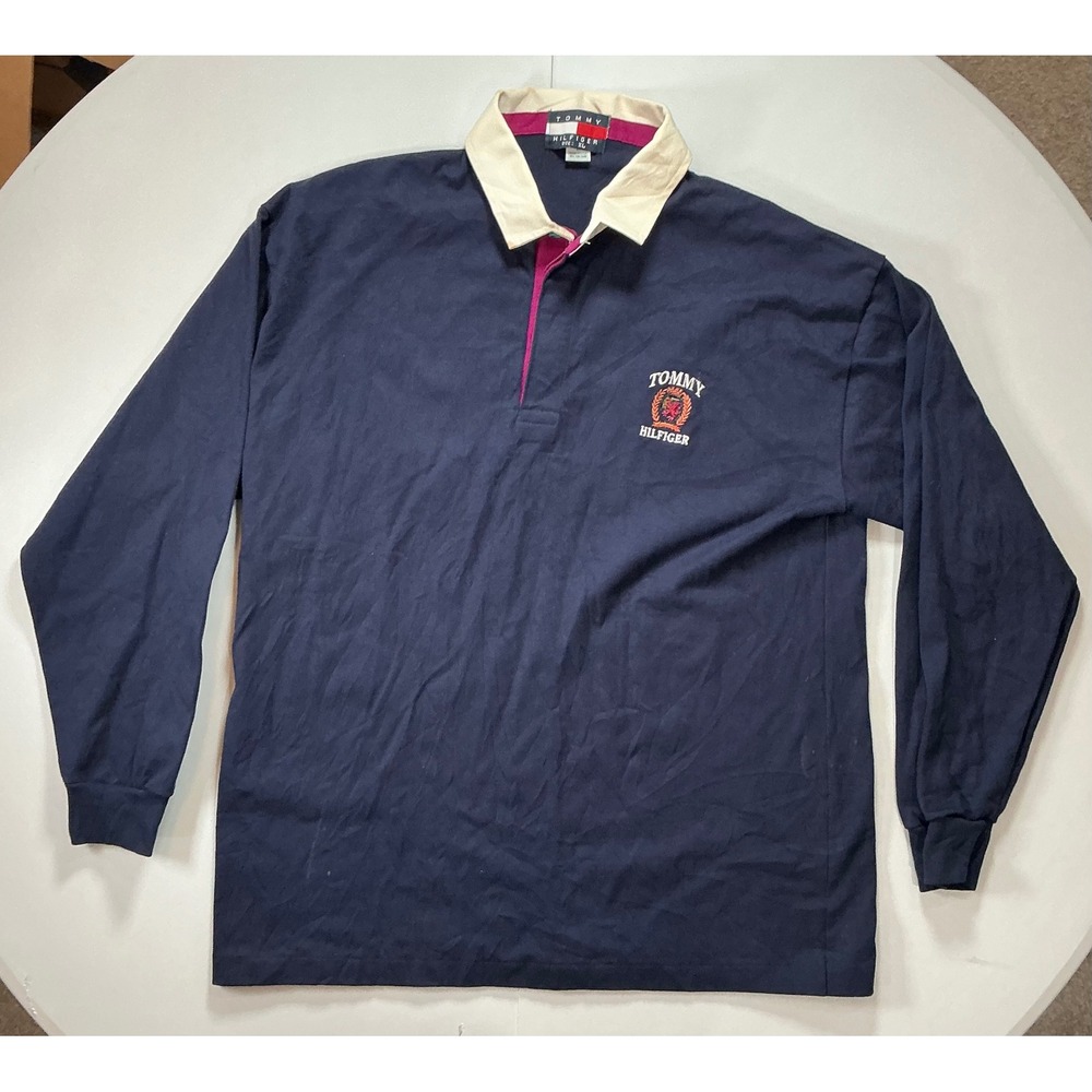 VTG USA Made 90s Tommy Hilfiger Rugby Crest Shirt Mens XL Navy Preppy Urban